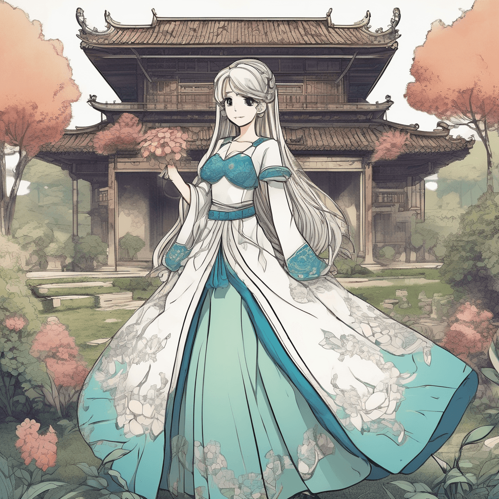 A princess dressed stands in the garden of an ancient palace.